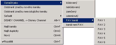 Pomocí Vybrat můžete zvolit všechny, všechny kódované, všechny zamčené, všechny kanály C- pásma nebo (pro import) všechny nové nebo všechny neexistující kanály (záleží které kanály jsou právě