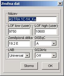 Změna dat: Získáte následující okno, ve kterém můžete změnit specifická data satelitu: Pro získání tohoto okna je možno také označit satelit dvojklikem.