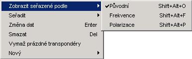 5.f Funkce transpondérů Pokud zvolíte konkrétní transpondér, budou zobrazeny pouze kanály náležící tomuto transpondéru.