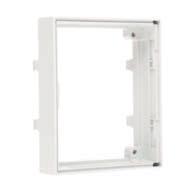 It has a built-in backmount frame that allows mounting up to three 10-pair LS connection modules. The box is closed with a latch.