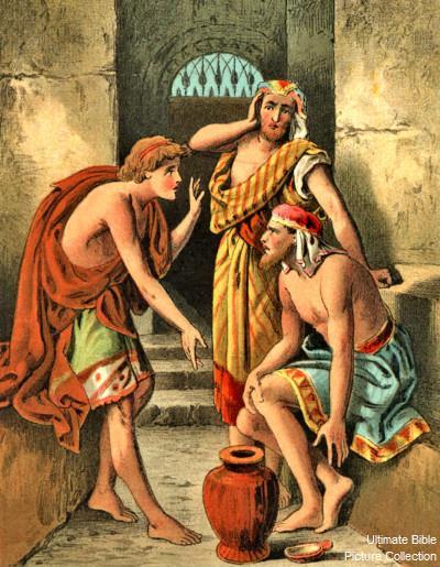 7) SEN O POVÝŠENÍ Josef ve vězení, biblická ilustrace 9..Ve svém snu jsem před sebou uviděl vinnou révu 10 a na té révě tři ratolesti. Jakmile vypučela, vyrazily její květy a zrály její vinné hrozny.