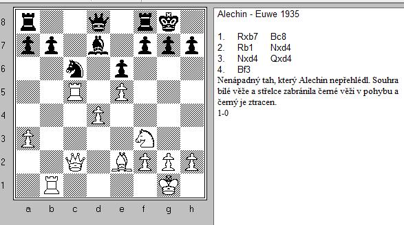 Král černého de facto zabránil střelci zachránit se útěkem. Použití nevýhodného postavení figur soupeře v kombinaci je vrcholem mistrovství.