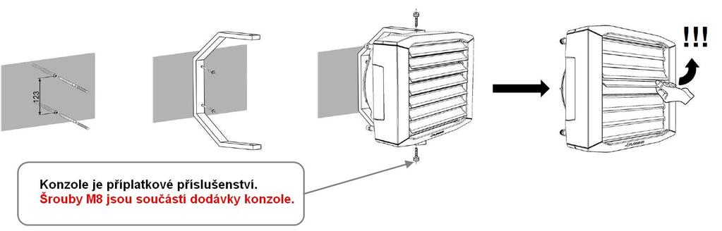 Připevnění konzole (doplatkové příslušenství) ke konstrukci budovy Originální konzole se připevňuje ke konstrukci budovy dvěma šrouby v rozteči 123mm (viz obrázek níže).