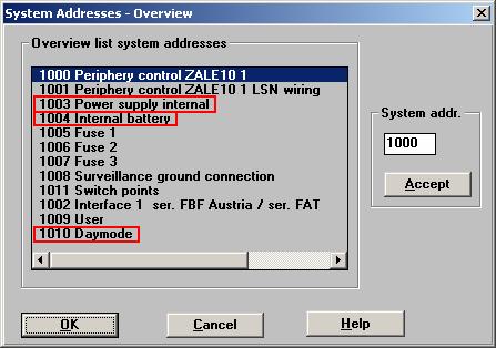 Systémové adresy pro BOSCH BZ500: Systémové adresy jsou v EPS pevně dané a nelze je měnit. Power supply internal... 1 00 (0EB HEX).