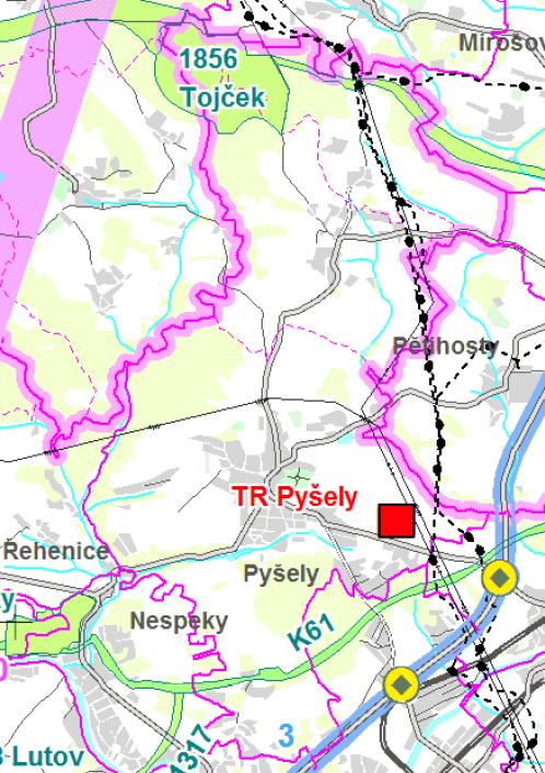 Obr.: výřez řešeného území z výkresu č. 2 ZÚR: P/lochy a koridory nadmístního významu Ad: 4.1 Plochy a koridory dopravy Ad: 4.1.2.1 Silniční doprava D015 (139/5) koridor pro umístění stavby D015 silnice I/3: Mirošovice - Benešov, rozšíření a rekonstrukce, vč.