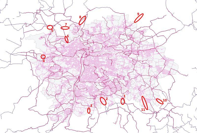 1) Problematická místa na stávajících cyklotrasách Obr. 7 Stávající rozsah systému cyklotras na území Prahy a Středočeského kraje (zdroj dat: IPR Praha, KÚSK) Místo propojení č.