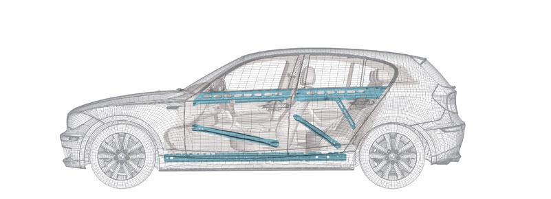 Obr. 4: Ukázka pouţití crashových výztuh na vozidle BMW řady 1 [4] 1.4.2 Boční Airbag Poprvé byl nabízen jako volitelná výbava ve vozidle volvo 850 v roce 1995.