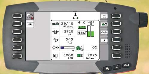 19 OD MASSEY FERGUSON Kontrolované parametry monitorovací jednotky lisu C1000 Nastavení a zobrazení úrovní okamžitého zatížení Zobrazení produktivity - počet balíků za hodinu Počet balíků - záznamy