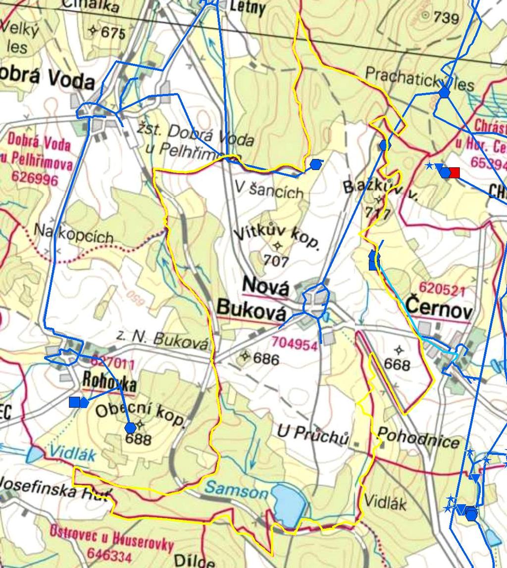 MAPA - VODOVODY Trasování sítí, lokalizace vodojemů, zdrojů, čerpacích stanic, ATS, ÚV Vodovodní řady Vodojem zemní