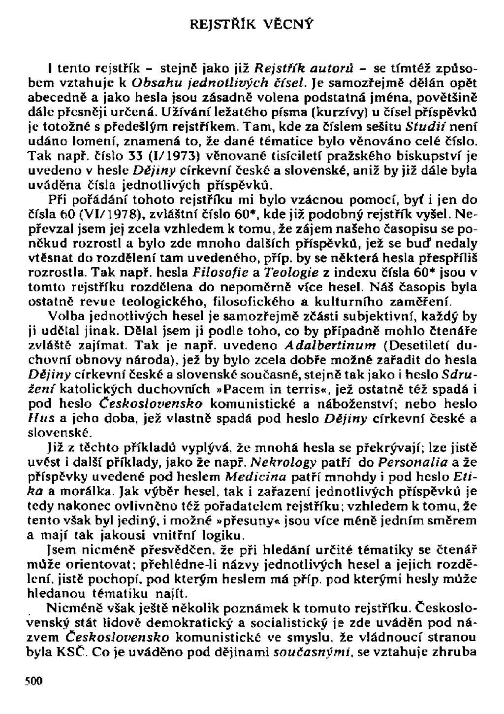 REJSTŘÍK VĚCNÝ l tento rejstřík - stejně jako již Rejstřík autorů - se tímtéž způsobem vztahuje k Obsahu jednotlivých čísel.