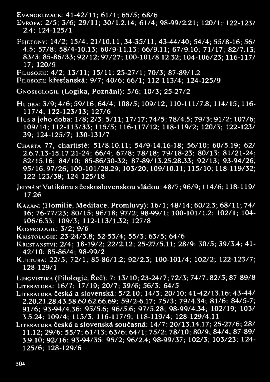 EVANGELIZACE: 41-42/11; 61/1; 65/5; 68/6 EVROPA: 2/5; 3/6; 29/11; 30/1.2.14; 61/4; 98-99/2.21; 120/1; 122-123/ 2.4; 124-125/1 FEJETONY: 14/2; 15/4; 21/10.11; 34-35/11; 43-44/40; 54/4; 55/8-16; 56/ 4.