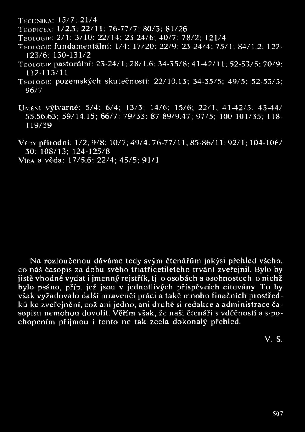 TECHNIKA: 15/7; 21/4 TEODICEA: 1/2.3; 22/11; 76-77/7; 80/3: 81/26 TEOLOGIE: 2/1; 3/10; 22/14; 23-24/6; 40/7; 78/2; 121/4 TEOLOGIE fundamentální: 1/4; 17/20; 22/9; 23-24/4; 75/1; 84/1.