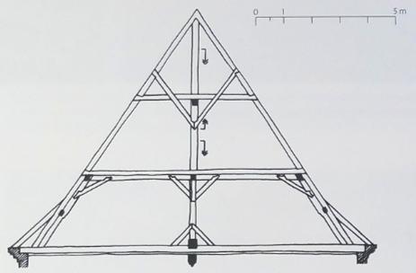 obr. 16 - Příčný řez krovu, kde je vidět zesílení sloupků [5] U velkých krovů barokních staveb se využívalo vytahovací zařízení.