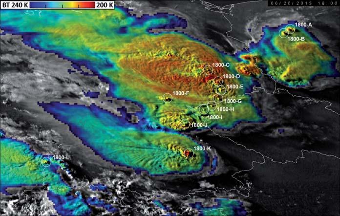 družice MSG-3 (Meteosat-10). Pro druhou část byla využita družice Meteosat-8 (MSG-1) a byly vybrány 4 dny v období od května do července 2013, pro něž byla předpovídána výrazná konvekce.