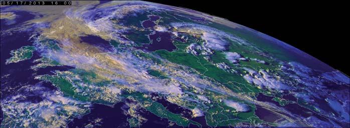 Obr. 3a Meteorologická situace nad Evropou při experimentálním 2,5minutovém snímání družicí Meteosat-8 dne 17. května 2013. Fig. 3a. Weather situation over Europe during the experimental 2.