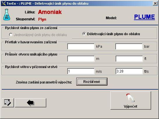 Zadávané parametry jsou odlišné podle v závislosti na typu havárie.