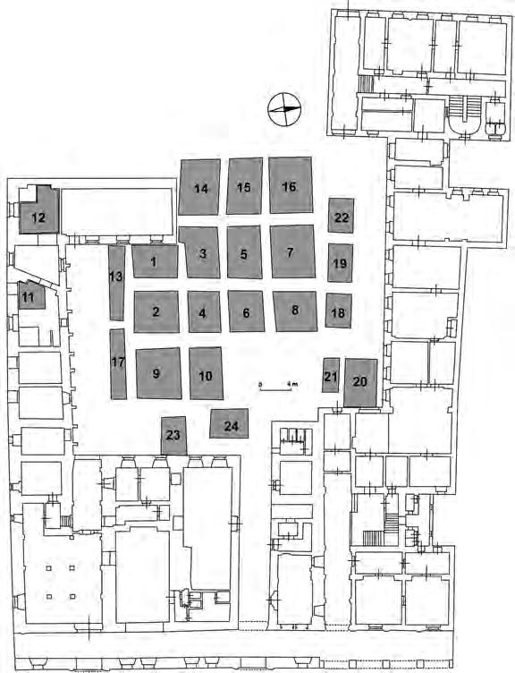 Archeologické rozhledy LXX 2018 603 Obr. 3. Archeologický výzkum na nádvoří radnice v letech 1996 1997 (B). Situace sond (podle Militký 2001, upravil L. Čapek). Fig. 3. Archaeological research in the town hall courtyard in 1996 1997 (B).