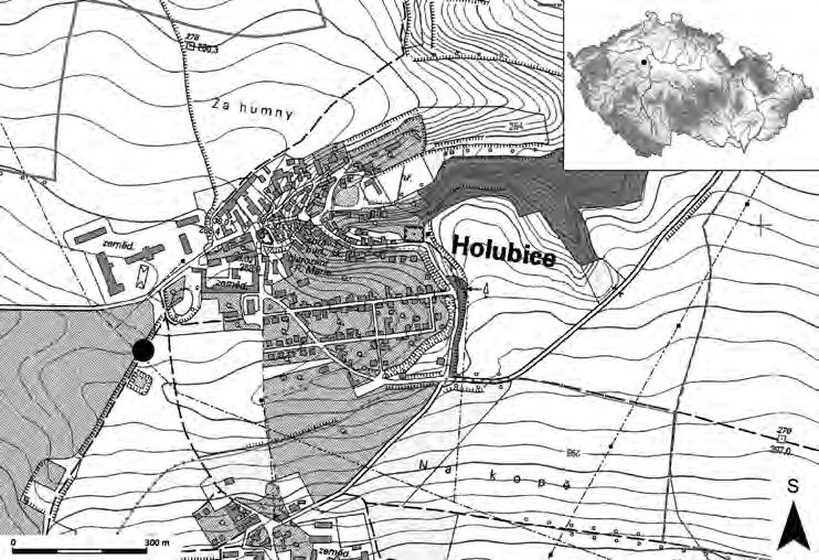 508 Dobeš Hložek Menšík Světlík: Eneolitické kostrové hroby z Holubic Obr. 1. Holubice, okr. Praha-západ. Lokalizace polohy s eneolitickými hroby. Výsek ze ZM 1 : 10 000, listu 12-23-05. Fig. 1. Holubice, Praha-západ district.