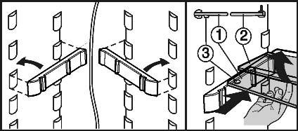 Ovládání Obr. 7 Odkládací plocha s vyvýšeným okrajem (2) musí ležet vzadu. 5.3.6 Vyjmutí dveřní přihrádky Vyjměte odkládací plochu podle obrázku. 5.3.7 Vyjmutí držáku lahví Držák lahví vyjměte podle obrázku.