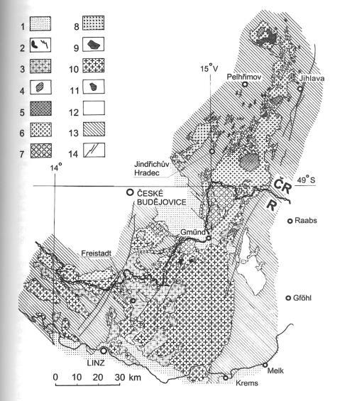 Obr.6 Moldanubický plutonický komplex: 1. terciérní a křídové sedimenty, 2. pozdní malé granitové pně a granitové porfyry, 3. pozdně synorogenní a poorogenní biotitické granity a granodiority, 4.-7.