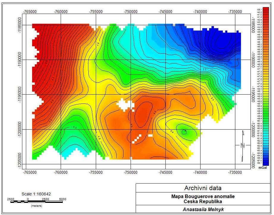 5. Archivni gravimetrická data Pro prvotní zhodnocení zájmového území a pro výběr míst vhodných pro další detailní výzkum byla použita archivní gravimetrická data Geofondu.