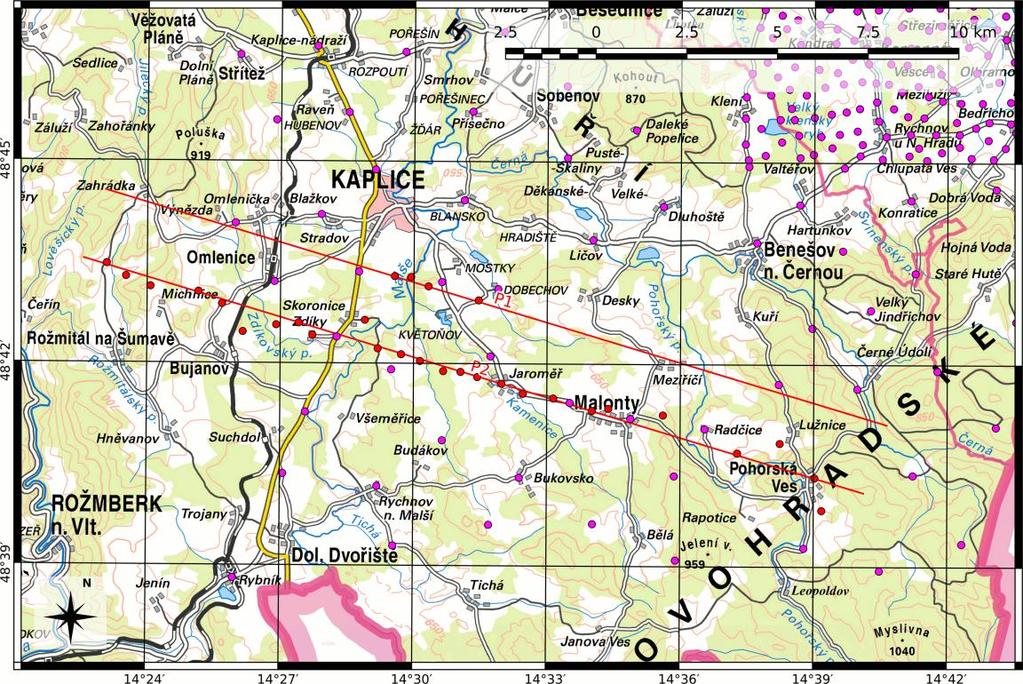 Obr.10- Pozice profilů a jednotlivých měřených gravimetrických bodů. Body měřené v rámci této práce jsou značeny červeně, body archivních dat pak fialově.