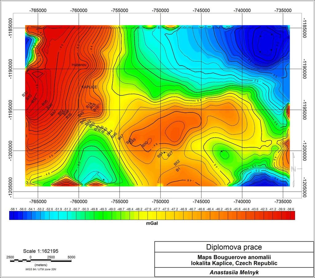 Obr. 13 Mapa Bouguerových anomálií vytvořená v programu Oasis Montaj.