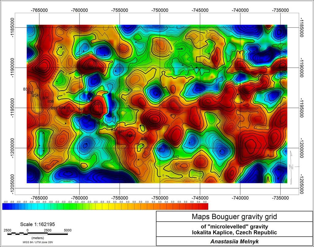 Obr. 16 - Bouguerovy anomálie s použitím microlevelled gravity (pro n=2) na lokalitě Kaplice, sestaveno z mapy Bouguerových anomalií.