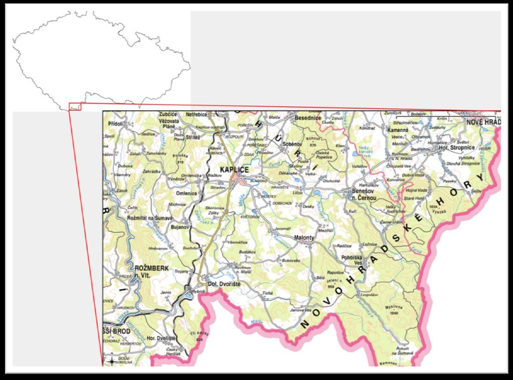 2. Geomorfologicka charakteristika Studovaná oblast se nachází v Jihočeském kraji okres České Budějovice, v blízkosti hranice s Rakouskem. Zájmové území se nachází v okolí města Kaplice(Obr.1).