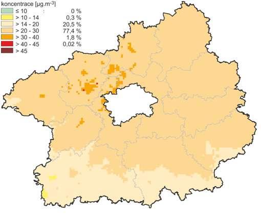 Dle prostorového zobrazení měřených koncentrací za rok 2011 se 77,4 % území zóny CZ02 Střední Čechy pohybuje v intervalu 20 30 µg.m -3, 20,5 % pak v intervalu 14 20 µg.