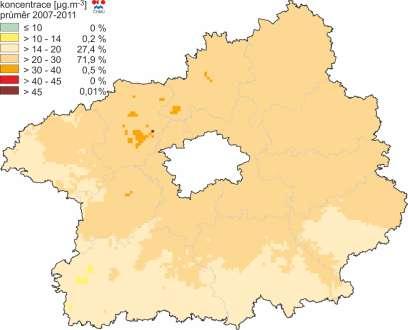 Obrázek 14: Pole průměrné roční koncentrace PM 10, zóna CZ02 Střední Čechy, pětiletý průměr za roky 2007-2011 Zdroj dat: ČHMÚ Obrázek 15: Pole průměrné