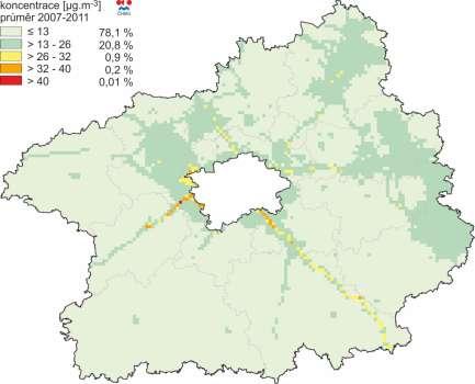 Obrázek 27: Pole průměrné roční koncentrace NO 2, zóna CZ02 Střední Čechy, pětiletý průměr za roky 2007-2011 Zdroj dat: ČHMÚ Obrázek 28: Pole průměrné