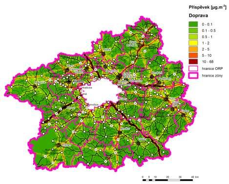 Obrázek 44: Příspěvek skupiny mobilních zdrojů (Doprava) k průměrné roční koncentraci NO 2, stav roku 2011, zóna CZ02 Střední Čechy Obrázek 45: Příspěvek skupiny