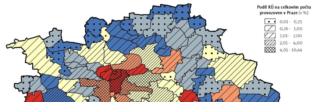 Obrázek 15: Provozovny v hl. m. Praze v říjnu 2016 přepočtené na 1 ha a na 1 000 obyvatel podle katastrálních území Zdroj: Hospodářská komora hl. m. Prahy a IPR Praha Na úrovni 112 katastrálních území získáme obrázek, zejména na úrovni jádra, středu a heterogenního města, mnohem názornější.
