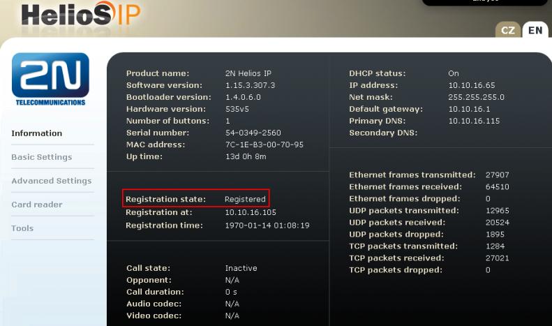 Z webového rozhraní 2N Helios IP vyberte Informations. Ověřte, že kolonka Registration state ukazuje R egistered. Zkuste zavolat na jakýkoliv telefon v Avaya IP Office.