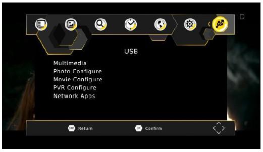 2. Pokud není v hlavní nabídce zvýrazněno USB, stiskněte tlačítko nebo, dokud se nezvýrazní a poté stiskněte tlačítko OK. Zobrazí se USB nabídka.