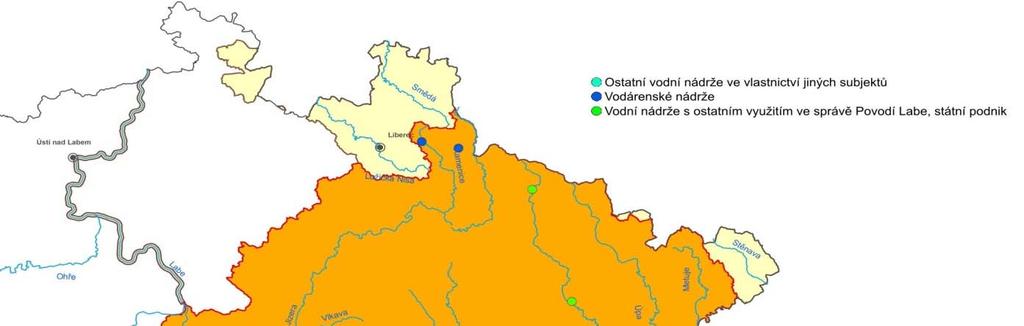 Zpráva o hodnocení množství povrchových vod - dílčí povodí Horního a středního Labe Obr. 2. Přehledná mapa vodních nádrží, u kterých objem povrchové vody vzduté vodním dílem přesahuje 1 000 000 m 3.