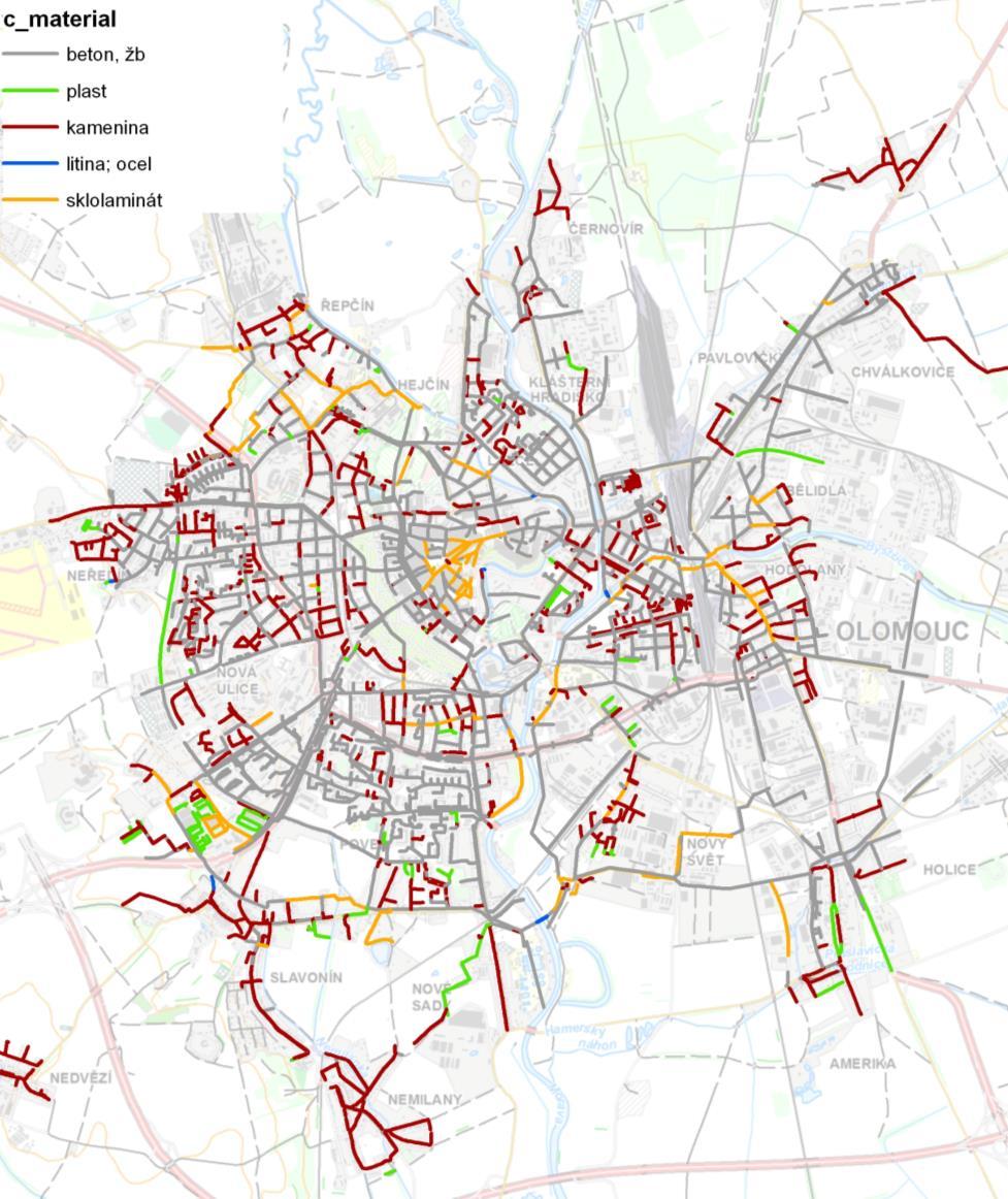 Obr. 2.3 Kanalizační systém tematická mapa podle materiálu potrubí Při zpracování dat z kamerových průzkumů stok byl ke všem úsekům stokové sítě doplněn údaj o roku výstavby.