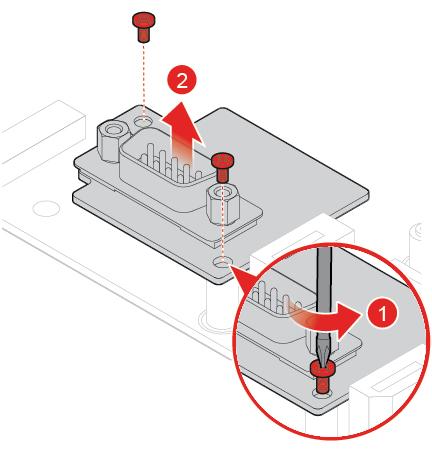 Obrázek 60. Vyjmutí modulu sériového konektoru Obrázek 61. Upevnění modulu sériového konektoru 6. Znovu namontujte odejmuté části.