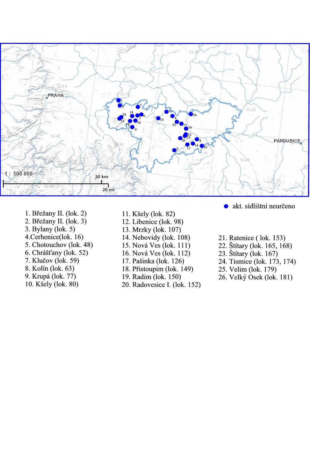 Mapa 2: Přehled lokalit na okrese Kolín se sídlištní a pohřební aktivitou s