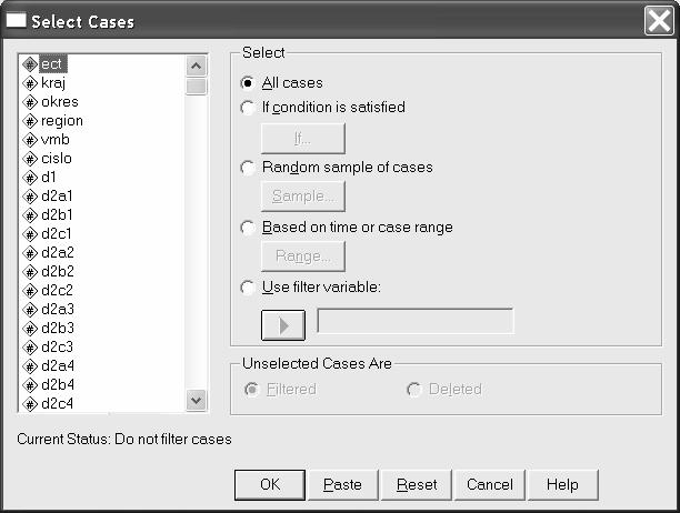 13 VÝBĚR PŘÍPADŮ Nemusíme vždy pracovat s celým výběrovým souborem, ale pomoci procedury SELECT CASES si z můžeme vybrat jen určitým způsobem definovaný podsoubor.