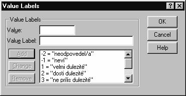 Vymezení labels Variable label se píše do příslušného sloupce přímo, value