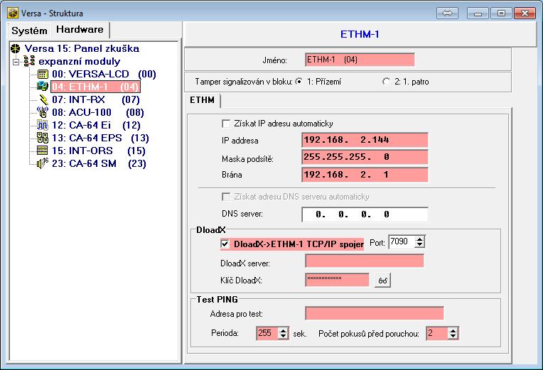 10 ETHM-1 Plus SATEL Obr. 6. program DLOADX: parametry a volby modulu ETHM-1 Plus připojeného k ústředně VERSA.
