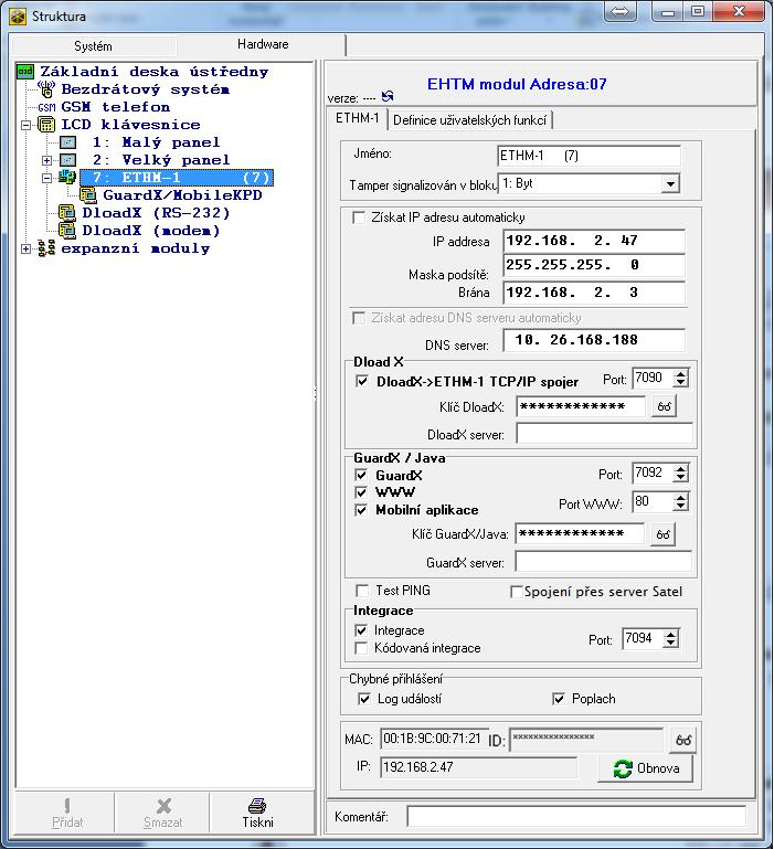 SATEL ETHM-1 Plus 7 Na klávesnici zabezpečovací ústředn, je funkce pro nastavení adresy počítače s programem DLOADX součástí uživatelského menu ve ZMĚNA NASTAVENÍ (dostupná servisu nebo