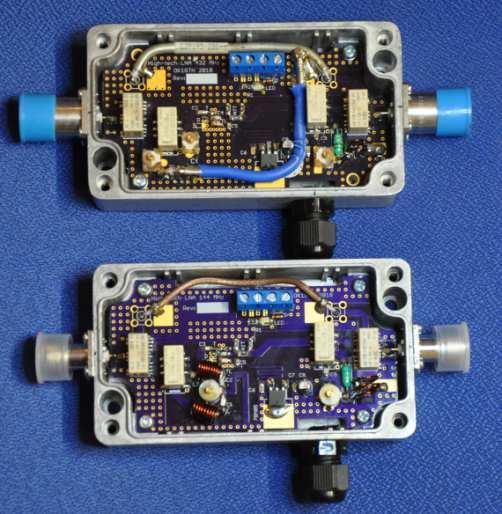Finální provedení LNA s SPF5043Z QRO LNA s výkonovými obchozími relé pro 50 (70) a 144 MHz Z hlediska spínání VF se osvědčila dvojitá relé RT424012 [8], která se dají použít až do kmitočtového pásma