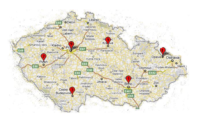 Obr. 4.: Centra praktikující holotropní dýchání v ČR. Značky udávají počet psychoterapeutů v daném regionu. 2.2.3.