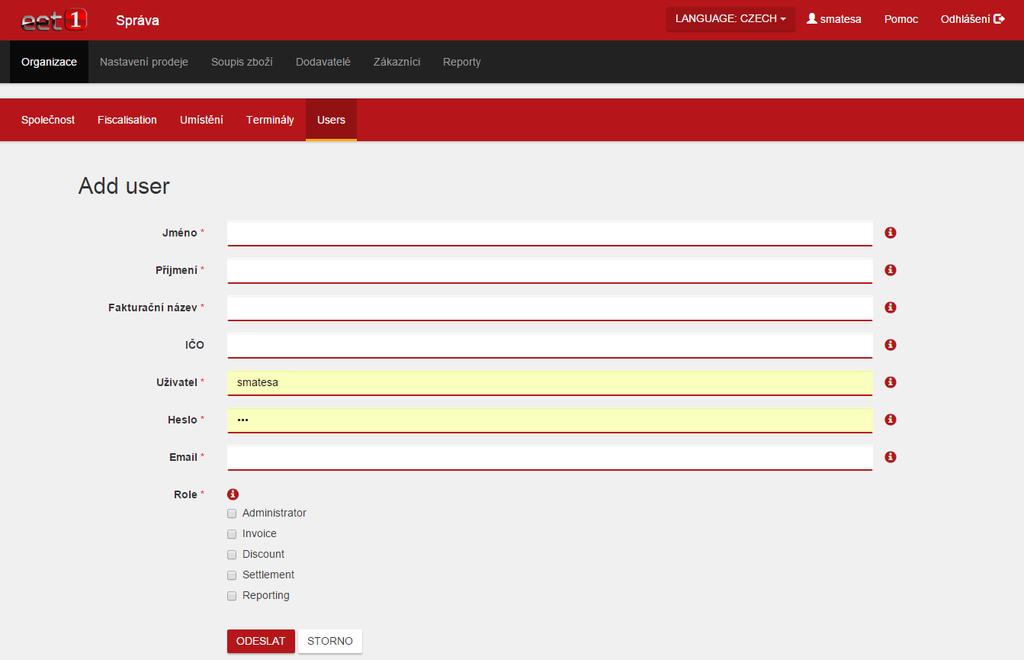 5. UŽIVATELÉ Přidat uživatele: Registrace pracovníků, kteří budou pracovat na registrační pokladně, uvedení informací o pracovnících, vytvoření uživatelského jména a hesla pracovníka.