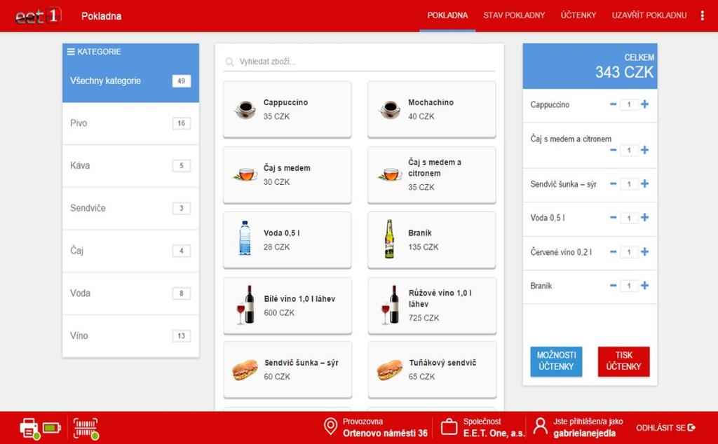 INSTALACE REGISTRAČNÍ POKLADNY VZHLED ZÁKLADNÍ PRACOVNÍ OBRAZOVKY REGISTRAČNÍ POKLADNY Na levé straně registrační pokladny je skupina položek, které byly vytvořeny ve správním portálu.