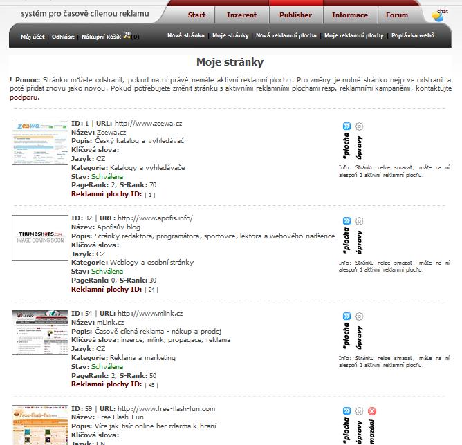 5. Přehled stránek b) V sekci Publisher, Moje stránky vidíte přehled