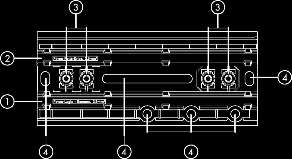 Informace o produktu Základní deska 1 Kabelové vedení pro elektrické napájení logických obvodů a senzorů (L1) 2 Kabelové vedení pro elektrické napájení pohonu RollerDrive (L2) 3 Upevnění řízení